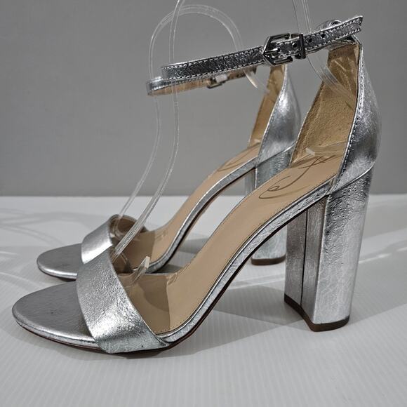 Sam Edelman Yaro Block Heel Sandal Metallic Silver Leather 9 - Picture 1 of 16